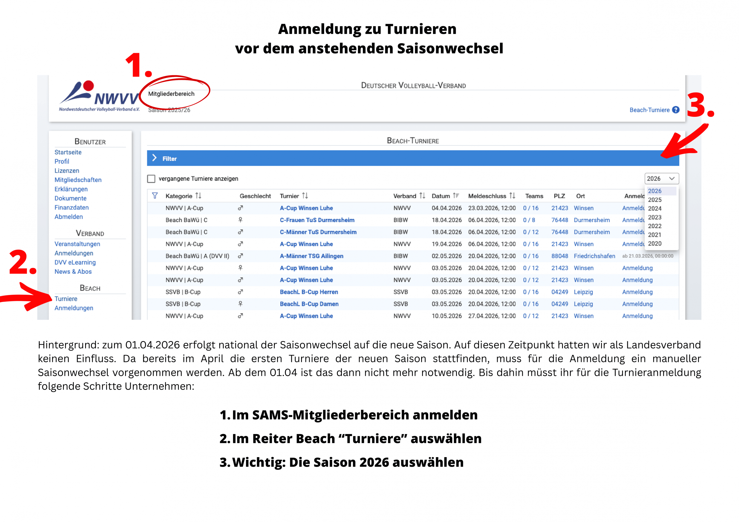 Infos zur Turnieranmeldung für den Saisonwechsel